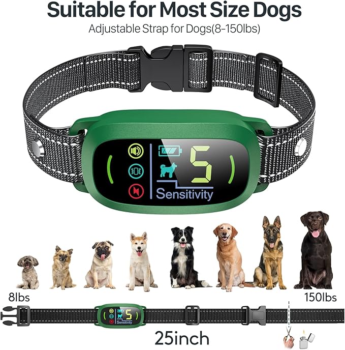 Dog Bark Collar, Rechargeable Smart Collar, Anti Barking Training Collar with 5 Adjustable Sensitivity Beep Vibration, Bark Collar for Large Medium Small Dogs (Green)