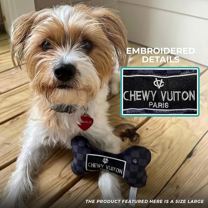 Haute Diggity Dog Chewy Vuiton Bone Plush Squeaky Dog Toy, Soft Durable Designer-Inspired Stuffed Puppy Chew Toys for Small & Medium Dogs, Machine-Washable (Black Checker) Large