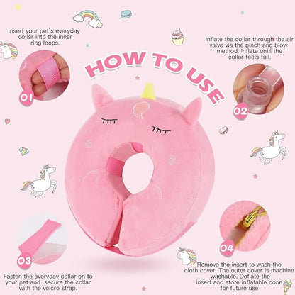 IEUUMLER Inflatable Recovery Dog Collar, Protective Donut Cone, Adjustable Soft Collar for Dog and Cat After Surgery Prevent from Biting & Scratching EU002 - Unicorn M+