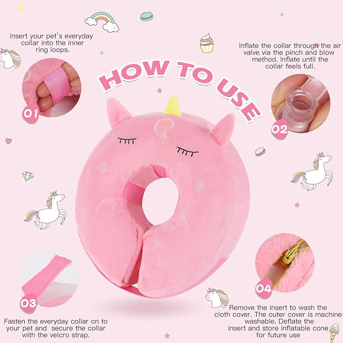 IEUUMLER Inflatable Recovery Dog Collar, Protective Donut Cone, Adjustable Soft Collar for Dog and Cat After Surgery Prevent from Biting & Scratching EU002 - Unicorn L+