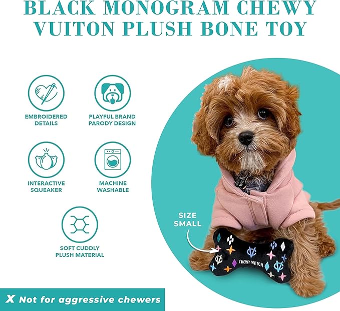 Haute Diggity Dog Chewy Vuiton Bone Plush Squeaky Dog Toy, Soft Durable Designer-Inspired Stuffed Puppy Chew Toys for Small & Medium Dogs, Machine-Washable (Black Monogram) Large