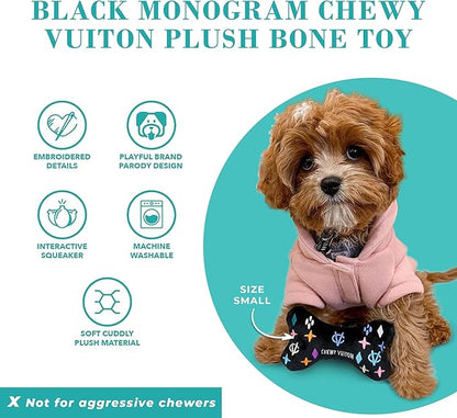 Haute Diggity Dog Chewy Vuiton Bone Plush Squeaky Dog Toy, Soft Durable Designer-Inspired Stuffed Puppy Chew Toys for Small & Medium Dogs, Machine-Washable (Black Monogram) Large