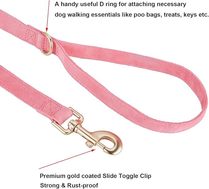 Soft Cotton Dog Leash, 5 Ft Heavy Duty Corduroy Dog Leashes with Gold Metal Hook for Small Medium Large Dogs,Medium,Pink