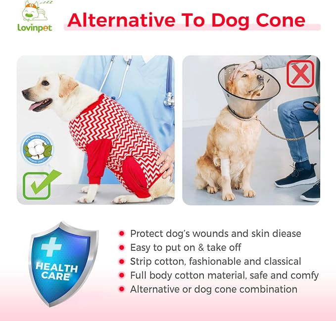 LovinPet Dog Recovery Suit for Large Dogs - Cut-Out Design of Abdomen, Red Wave Pattern, 3XL