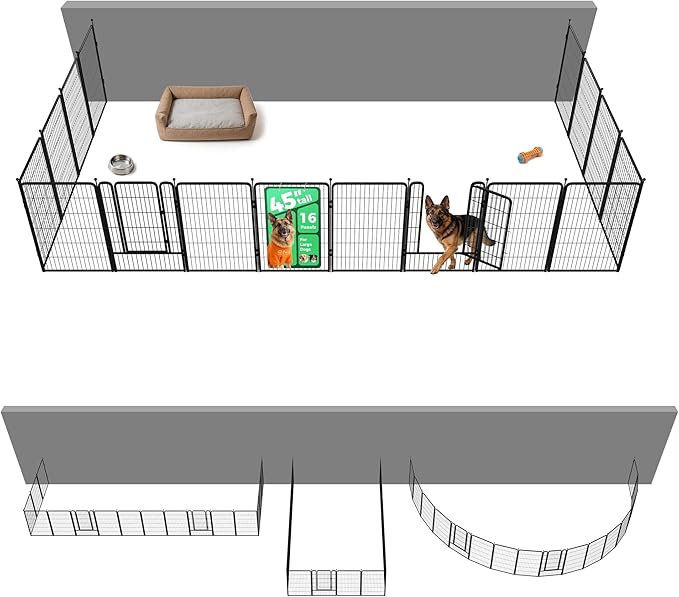FXW Rollick Unleashed Dog Playpen for Indoor, Yard, RV Camping, 45 inch 16 Panels Dog Pen with Anchor Kit (4 Packs) for Large Dogs, Black│Patented