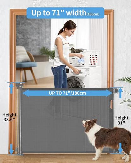 Veraste Retractable Baby Gate for Doorways and Stairs, Mesh Safety Gate for Pet, Indoor & Outdoor Use, One-Hand Operation, Easy Installation, 33.6" Tall, Expands to 71" Wide(Grey,33.6"x71")