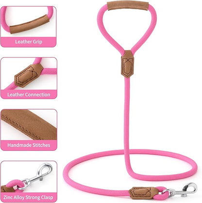 Mile High Life Leather Dog Leash, Heavy Duty Strong Genuine Leather Handle Rope Leash Soft and Comfortable for Small Medium Large Dogs (Hot Pink, 60 Inch)