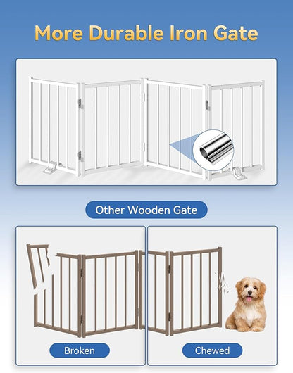 BFNN Free Standing Foldable Dog Gate, 16.5" High Step-Over Metal Short Pet Gate, Up to 72" Wide Puppy Fence for Stairs and Doorways, Indoor & Outdoor Use, No Drilling and No Assembly, White