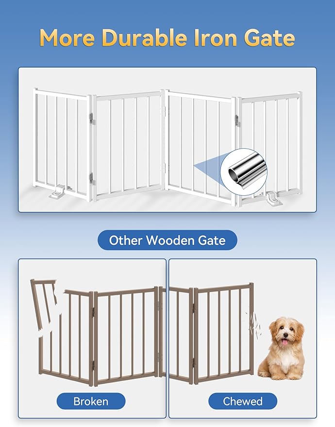 BFNN Free Standing Foldable Dog Gate, 16.5" High Step-Over Metal Short Pet Gate, Up to 96" Wide Puppy Fence for Stairs and Doorways, Indoor & Outdoor Use, No Drilling and No Assembly, White