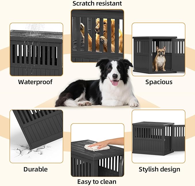30 INCH Small Dog Crate Furniture, Lockable Indoor Dog Kennel Heavy Duty Decorative Plastic Pet Cage End Table for Small/Medium Dogs, Black