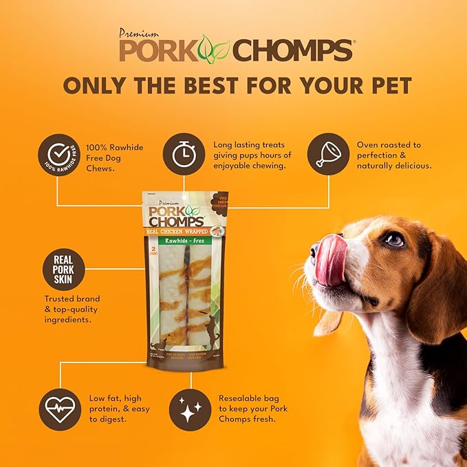 Pork Chomps Baked Pork Skin Dog Chews, 8-inch Rolls, Real Chicken Wrap, 2 Count (Pack of 3)