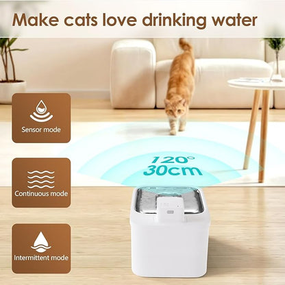 Cat Water Fountain with Stainless Steel Tray - 4L/135oz Automatic Water Dispenser for Cat, Wireless Battery Operated Drinking Fountain Bowl, Pet Water Fountain Indoor