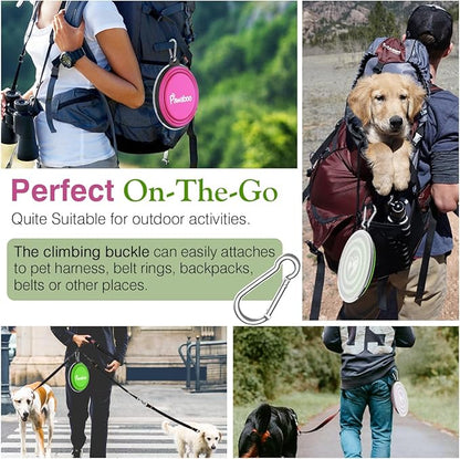 Pawaboo Collapsible Dog Bowls 2 Pack, Silicone Feeding Watering Bowls with Lids & Carabiners for Dogs Cats, Portable Water Feeder Food Bowl for Walking Traveling Home Use, 1000ml, Pink + Green