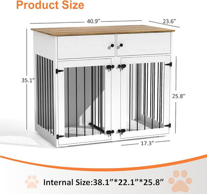 Large Dog Crate Furniture, 41 Inch Dog Kennel Indoor with Removable Divider & Double Doors, Wooden Dog Crates for 2 Dogs, Dog Crate Table for Large/Medium Dogs, White