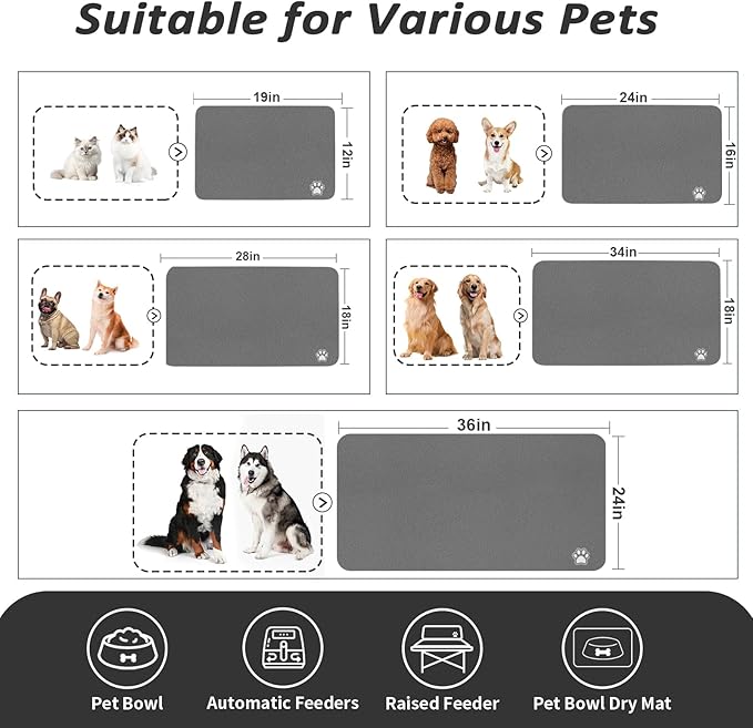 HotLive Dog Food Mat - Absorbent Cat Mat for Food and Water, No Stains Pet Feeding Bowl Mat, Easy to Clean Pet Placemats, Quick Dry Dog Water Dispenser Mat for Messy Drinkers | Paw Dark Grey 24"x 36"