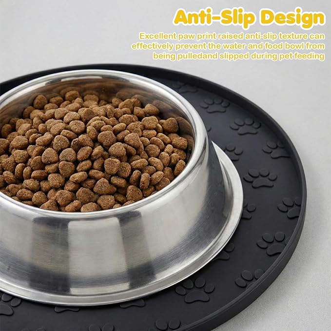 Silicone Dog Food Mat Small, 10.6'' Black Pet Food Mat, Round Dog Cat Foods Mats Small, Silicone Mats for Dogs Bowls, Waterproof Non-Slip Dogs Cat Water Bowl Placemat with Raised Edge