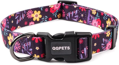 QQPETS Adjustable Soft Dog Collar: Print Flower Pink Multicolor Cute Patterns for XS Small Medium Large Pet Girl Boy Puppy Walking Running Training (M, Elegant Purple)