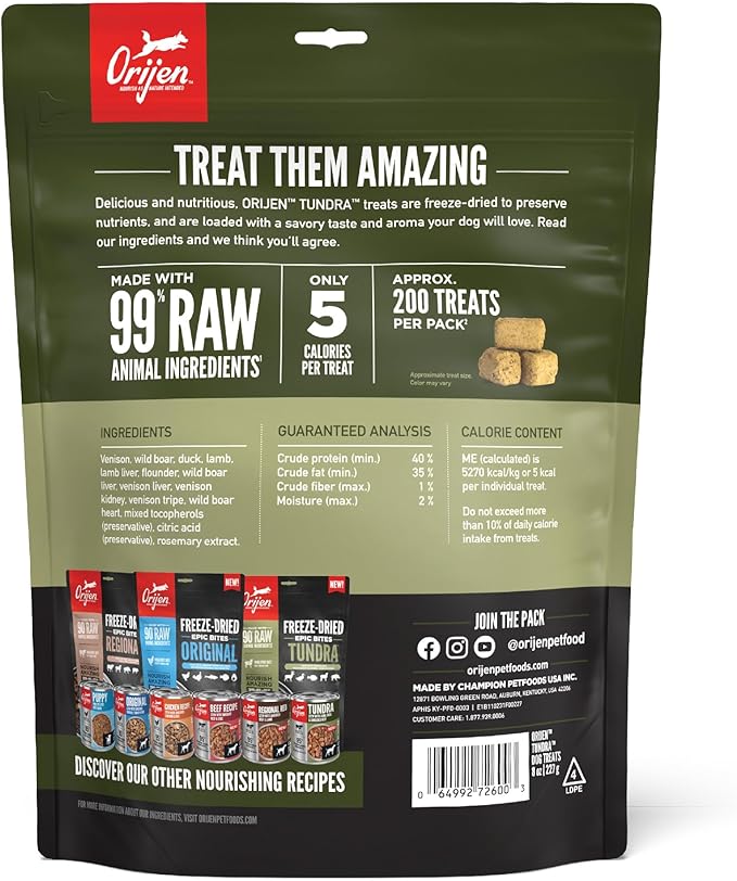 ORIJEN Grain Free High Protein Freeze Dried Dog Treats Tundra Recipe 8oz Bag