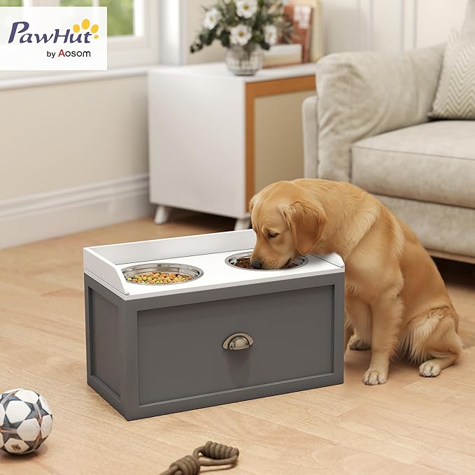 PawHut Feeding Station with Storage Drawer, Food Storage Cabinet with 2 Removable Elevated Bowls for Large Sized Dogs, Gray