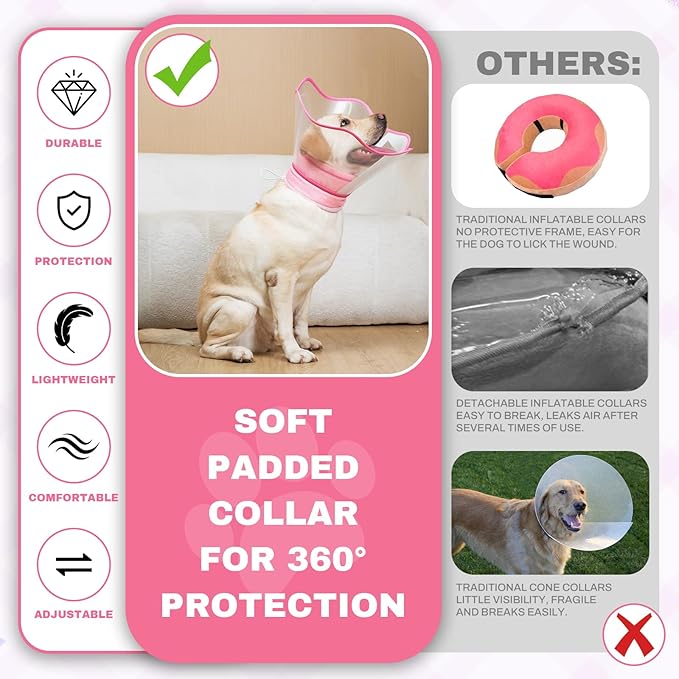 Arblina Soft Dog Cone Collar After Surgery,2-in-1 Adjustable Sponge Recovery Collar to Stop Licking Biting Wounds, Pet Elizabethan Dog Cone Alternative with Shield, L