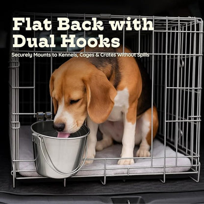 4 Quart Stainless Steel Flat Sided Bucket with Dual Hooks | 1 gal Durable Food & Water Bowl for XL Dogs, Cats, Goat & Livestock | Fits kennel Cage Critter Crate | Hanging Utility Pet Pail