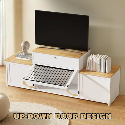 78" Dog Crate Furniture TV Stand, Tiered Dog Kennel for Medium Dogs with Stepped Design, Wooden Dog Cage with Storage Cabinets & Drawer, Heavy Duty Indoor Door House Media Console, White