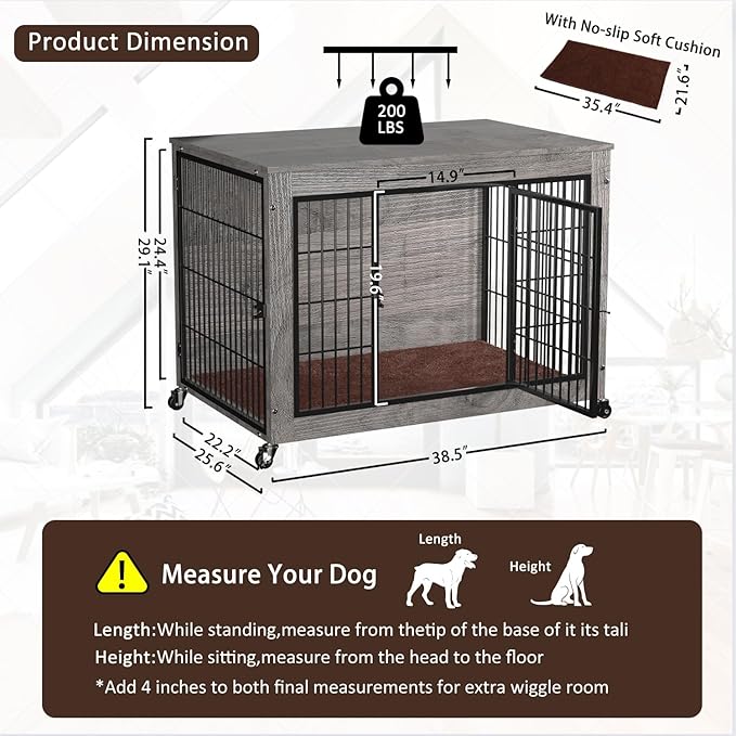 PRETZI Dog Crate Furniture with Cushion,38" Wooden Dog Crate nightstand with Double Doors, Grey Kennel Indoor with Wheels, Decorative Pet House for Medium Large Dog