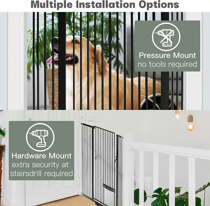 SHYUJAJIE 55 Inch Extra Tall Pet Gate with Small Cat Door, 29.55"-40.55" Adjustable Wide Dog Gate, Tall Cats Gates for Doorway, Stairs, House(Black)