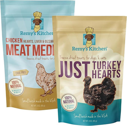 Freeze Dried Dog & Cat Treats – Turkey Hearts & Chicken Medley, Single Ingredient, All-Natural, USA Made, Human-Grade, Grain-Free, 3 oz (2-Pack)