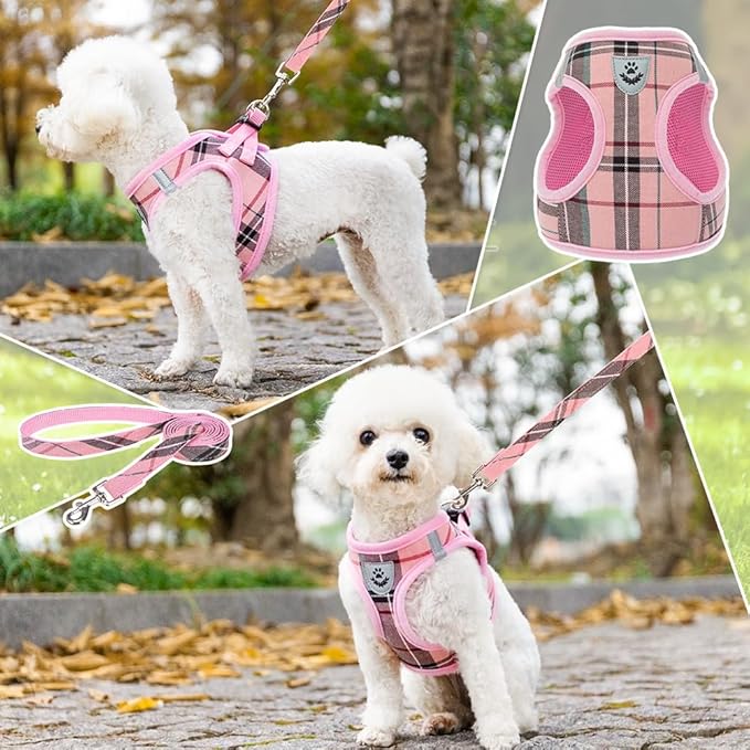 KOOLTAIL Dog Harness for Small Medium Dogs ,Dog Harness and Leash Set, Step in No Pull Soft Mesh Padded Adjustable and Reflective Pet Vest Harness Puppy, Plaid Extra Harness for XS S Dogs, Pink S
