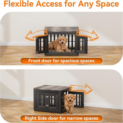 Snuowu 26" Heavy Duty Dog Crate Furniture for Small,Medium and Large Dogs,Rustic Wooden Dog Cage Kennel Indoor Furniture with Waterproof Top,Decorative Pet House Side End Table (Black & Grey)