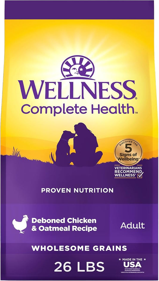 Wellness Complete Health Adult Dry Dog Food, Wholesome Grain Kibble, Natural, Chicken and Oatmeal Recipe, 26 lb Bag