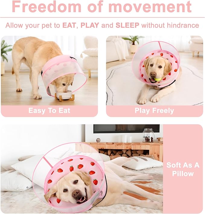 Inflatable Dog Cone Collar for Large Medium Small Dogs, Soft Dog Donut Collar Adjustable Recovery Cone for Pets After Surgery, Extra Enhanced Anti-Licking Guard Shield (Strawberry Print, Large)