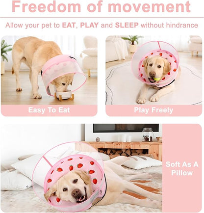 Inflatable Dog Cone Collar for Large Medium Small Dogs, Soft Dog Donut Collar Adjustable Recovery Cone for Pets After Surgery, Extra Enhanced Anti-Licking Guard Shield (Strawberry Print, Large)