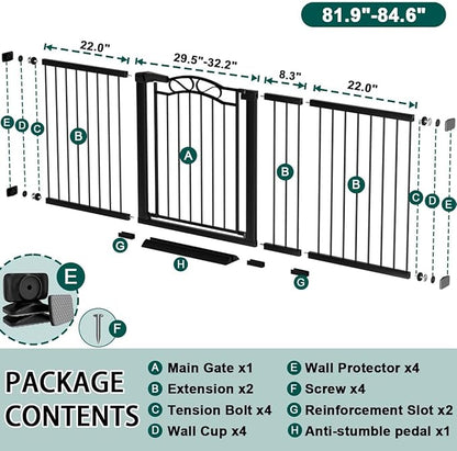 Fairy Baby 81.9"-84.6" Extra Wide Baby Gate for Stairs, Pressure Mounted Auto Close Child Safety Gate with Door No Drill, Large Long Pet Dog Gate for the House Doorways, 82 83 84 Inches Wide, Black