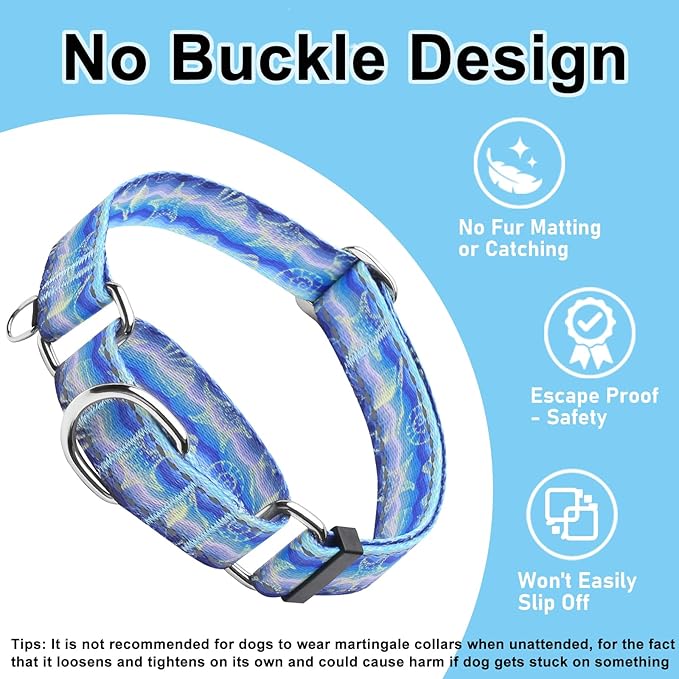Reflective Martingale Collar for Dogs Nylon Training Collar with No Buckle, No Pull Adjustable Dog Collar for Large Dogs（Blue Starfish，L）