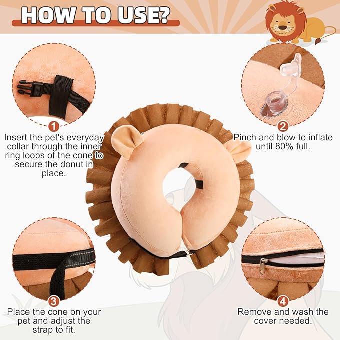 KOOLTAIL Inflatable Dog Cone Collar, Soft Donut E Collar for Dogs After Surgery to Stop Licking Enhanced Alternative, Blow Up Pet Neck Pillow Recovery Adjustable Cone for Dog Cat, Lion XL