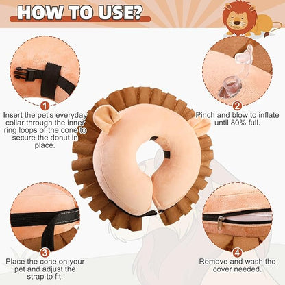 KOOLTAIL Inflatable Dog Cone Collar, Soft Donut E Collar for Dogs After Surgery to Stop Licking Enhanced Alternative, Blow Up Pet Neck Pillow Recovery Adjustable Cone for Dog Cat, Lion XL
