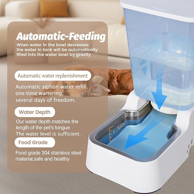 Automatic 5.4L/1.4Gal Pet Waterer, Pet Automatic Dog Water Dispenser Gravity Stainless Steel Water Feeder, Large Capacity Feeding Bowls for Cats and Medium & Large-Sized Dogs (White, Water)