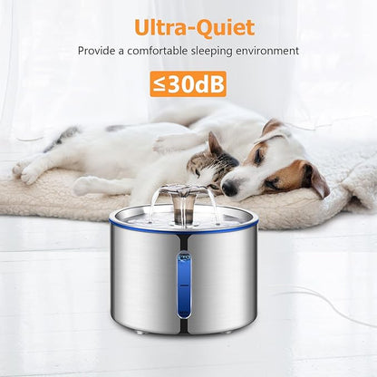BOORCA Cat Water Fountain, 84oz/2.5L Stainless Steel Pet Water Fountain for Cats, Dogs and Multiple Pets, Automatic Dog Water Dispenser with Water Level Window, Ultra-Quiet Pump