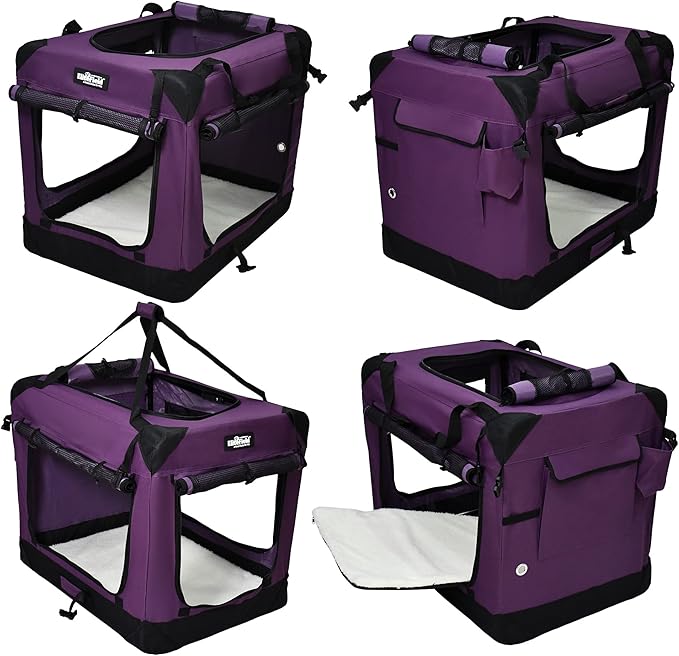 EliteField 4-Door Folding Soft Dog Crate with Curtains, Carrying Bag and Fleece Bed (2 Year Warranty), Indoor & Outdoor Pet Home (36" L x 24" W x 28" H, Purple+4 Door Curtains)