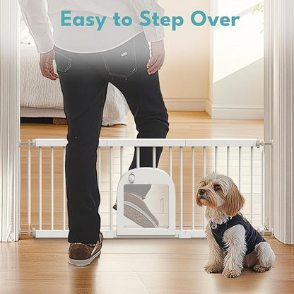 No Pawblems Dog Gate with Small Pet Door, 16"-42.7" Adjustable Metal Short Dog Gate to Step Over, 16.5" Tall Small Pet Gate with 3 Extension Kits, Pressure Mounted Gate for Doorways & Stairs, White