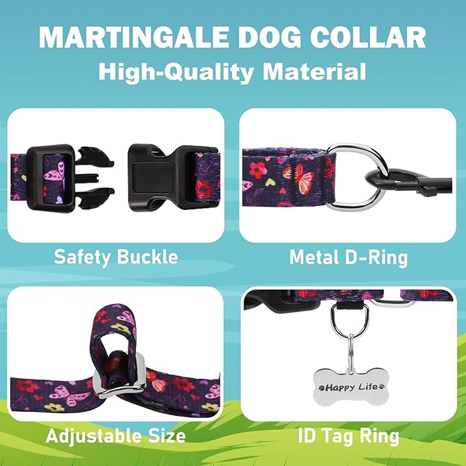Martingale Collar with Buckle Purple Nylon Adjustable Cute Girl Female Dog Collars (Butterfly Floral, Large)