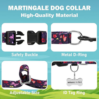 Martingale Collar with Buckle Purple Nylon Adjustable Cute Girl Female Dog Collars (Butterfly Floral, Medium)
