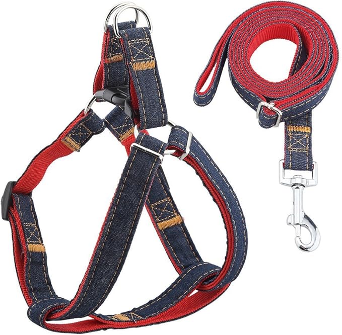 Hypeety Dog Denim Leash Harness Adjustable Heavy Duty Durable Dog Collar No-Pull for Training Walking Running, Good for Large Medium Small Dog (L (11.81"-17.77" Chest Girth))