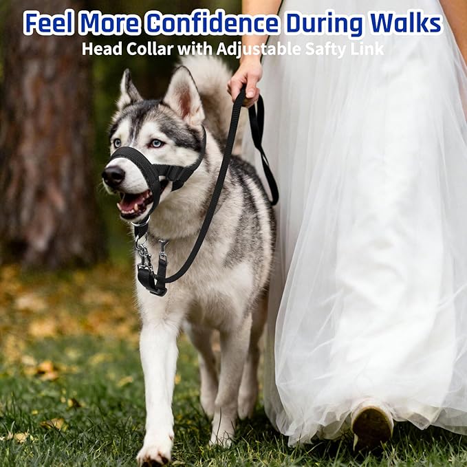 BARKLESS Dog Training Head Collar for Pulling, No Pull Head Halter with Adjustable Safety Strap, Anti-Pull Soft Padded Muzzle Leash for Walking Training Leash Reactive Medium Dogs