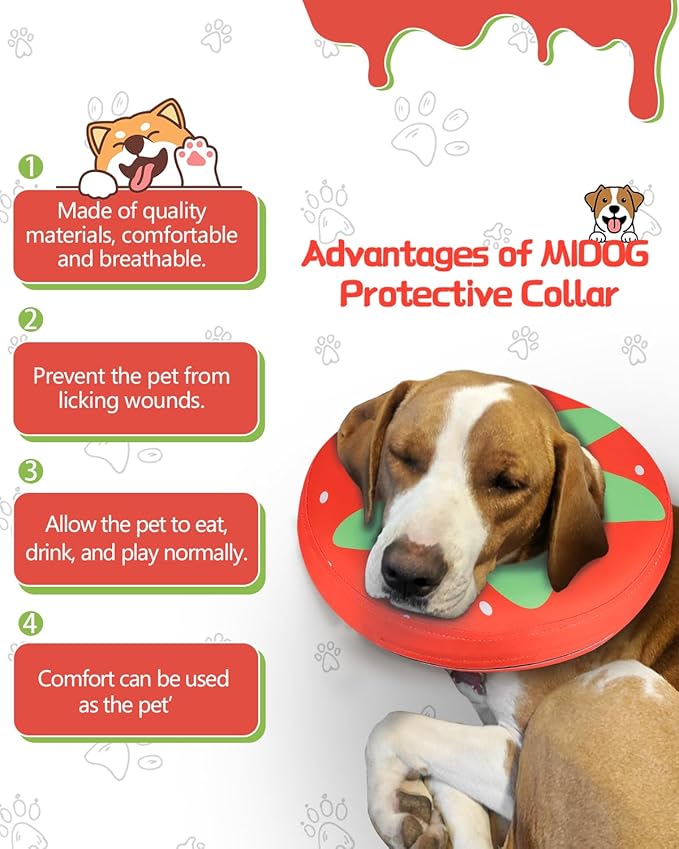 MIDOG Soft Inflatable Dog Cone,Donut E-Collar Alternative for After Surgery, Prevents Licking,Allowing Normal Eating & Vision,Comfortable Recovery Collar for Small Medium Large Dogs&Cats,Strawberry-L+