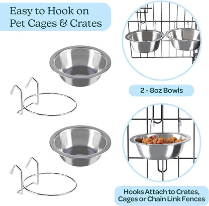 Set of 2 Stainless-Steel Dog Bowls - Cage, Kennel, and Crate Hanging Pet Bowls for Food and Water - 8oz Each and Dishwasher Safe by PETMAKER, Silver