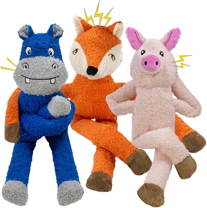 3 Pack No Stuffing Dog Toys Crinkle Squeaky Interactive Plush Dog Toy, not for Aggressive Chewers, to Keep Them Busy,Shape Orange Fox Pink Pig Blue Hippo