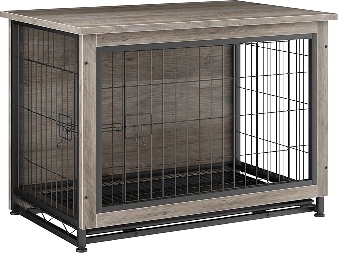 JY QAQA Dog Crate Furniture, Wooden Dogs Crate Table, Double-Doors Dog Furniture, Indoor Dog Kennel, Dog House, Dog Cage/Grey/XL
